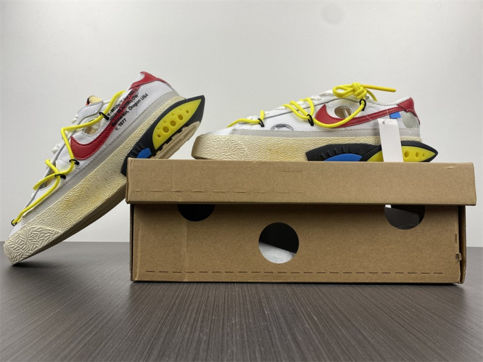 ow x nike blazer low in white and university red dh7863-100