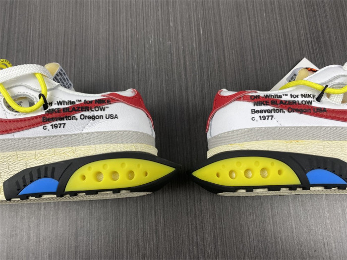 ow x nike blazer low in white and university red dh7863-100